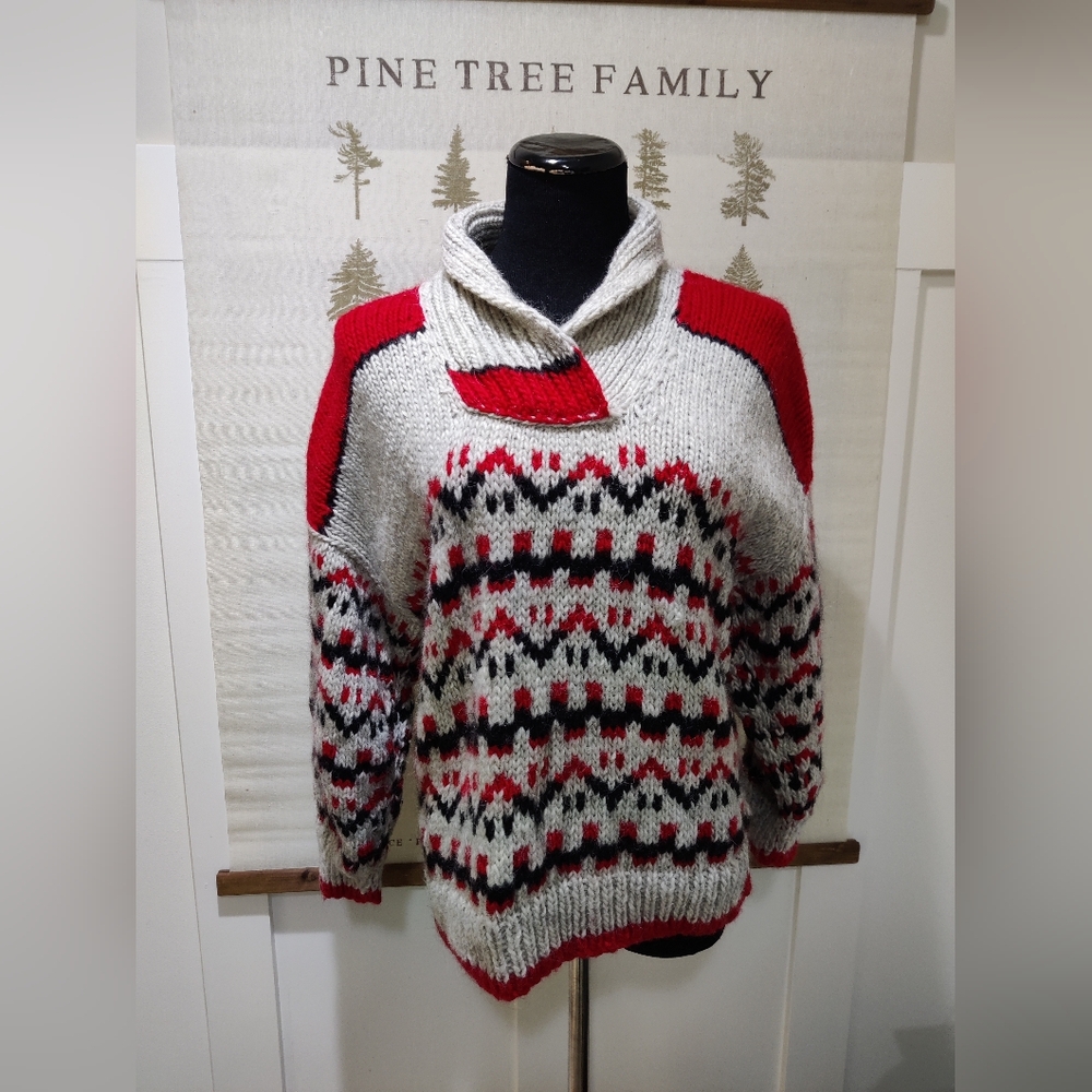 Vintage Chunky Fair Isle Shawl Neck Sweater Grey Red Black Boho Knit